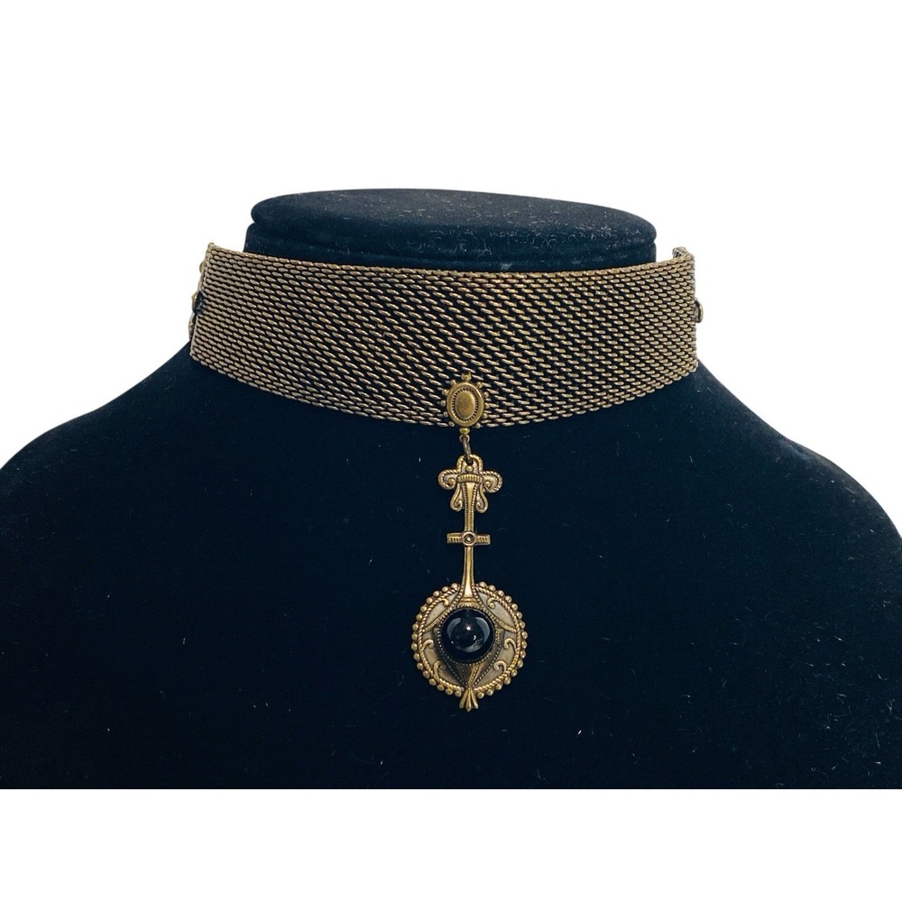 Victorian Style Black Stone Pendant Metal Mesh Choker Necklace Adjustable 15"